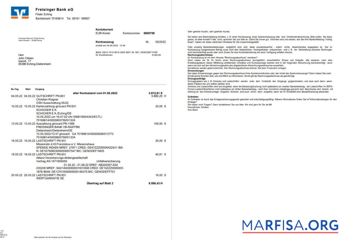 Printable Germany Freisinger Bank eG statement 2 pages download for verification